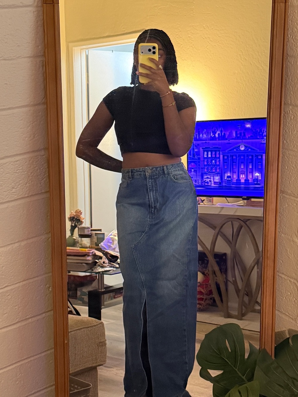 Boohoo Dark Blue High-Rise Denim Maxi Skirt with Front Slit